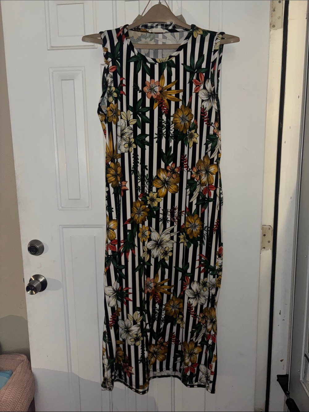 Sleeveless Floral Stripe Maxi Dress - Black/White with Yellow & Green Floral